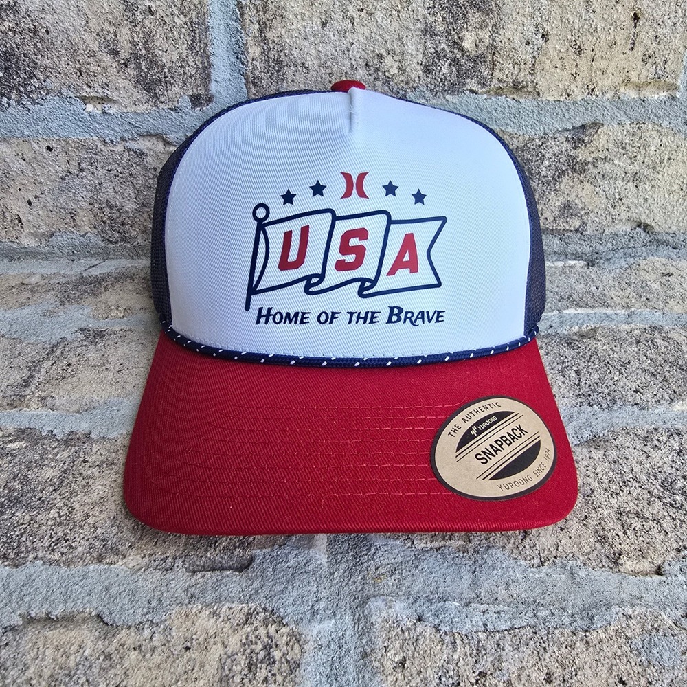 Hurley USA Home of the Brave Trucker Hat Red White Blue Snapback Yupoong Cap NEW
